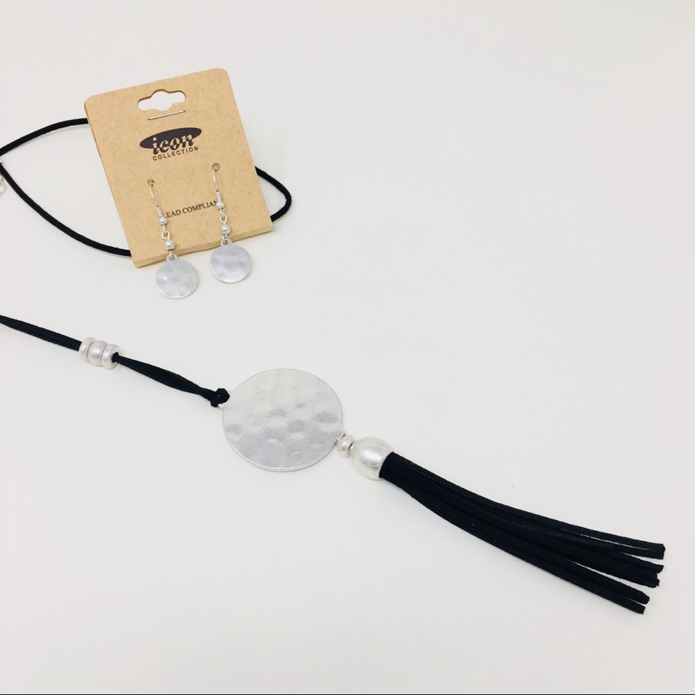 NWT Long Black silver tassel necklace w/ earrings